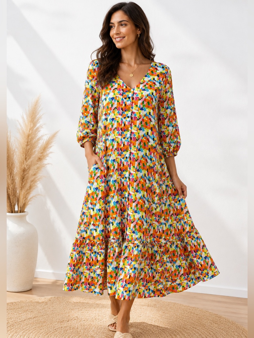 Briton Court Vibrant Multicolor Geometric Print Midi Dress XS